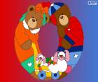 Двух молодых медведей с их игрушками, образуя букву O